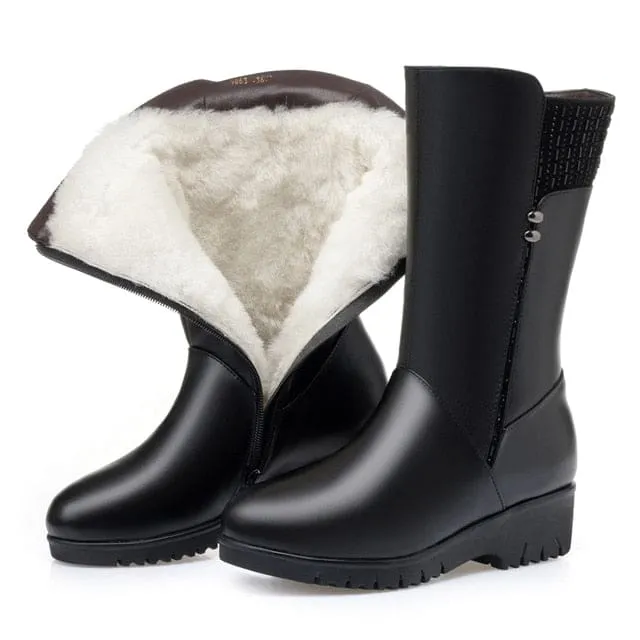 New Winter Cow Leather Wedges Inside Plush Wool Women Snow Boots