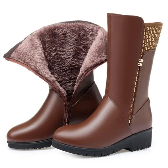 New Winter Cow Leather Wedges Inside Plush Wool Women Snow Boots