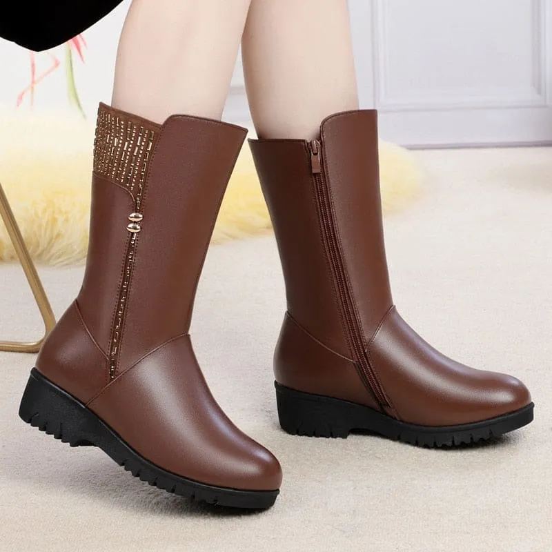 New Winter Cow Leather Wedges Inside Plush Wool Women Snow Boots