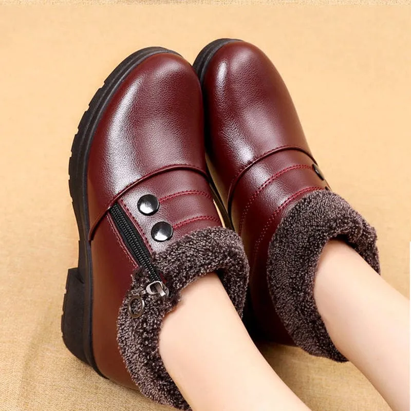 Soft Leather Waterproof Lightweight Ankle Warm Women Snow Boots