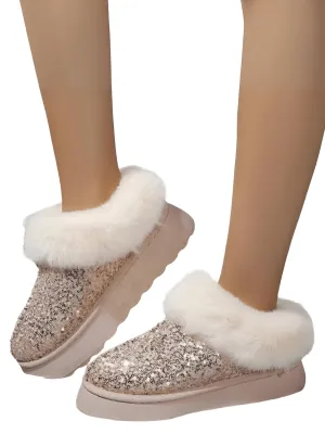 Women's Ankle Snow Boot Slippers Winter New Fashion Shiny Fur Short Plush Warm Flats Slippers Platform Shoes